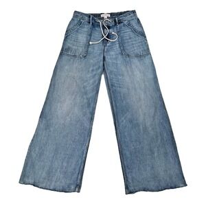 Lucky Brand Wide Leg Baggy Jeans M Drawstring Elastic Patch Raw Hem Boho Grunge